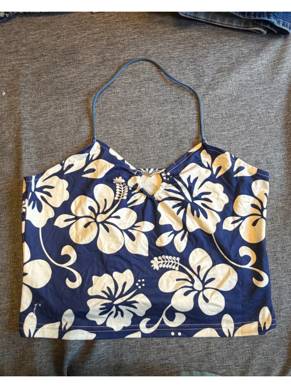 SHEIN Navy & Cream Floral Halter Crop Top